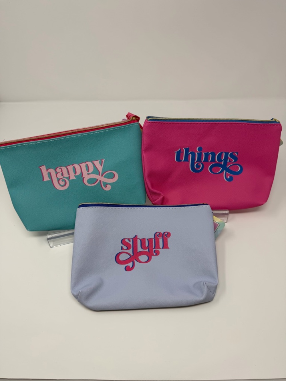 Happy, Things, Stuff Trio Cosmetic Pouch Set - Teal, Pink, Blue